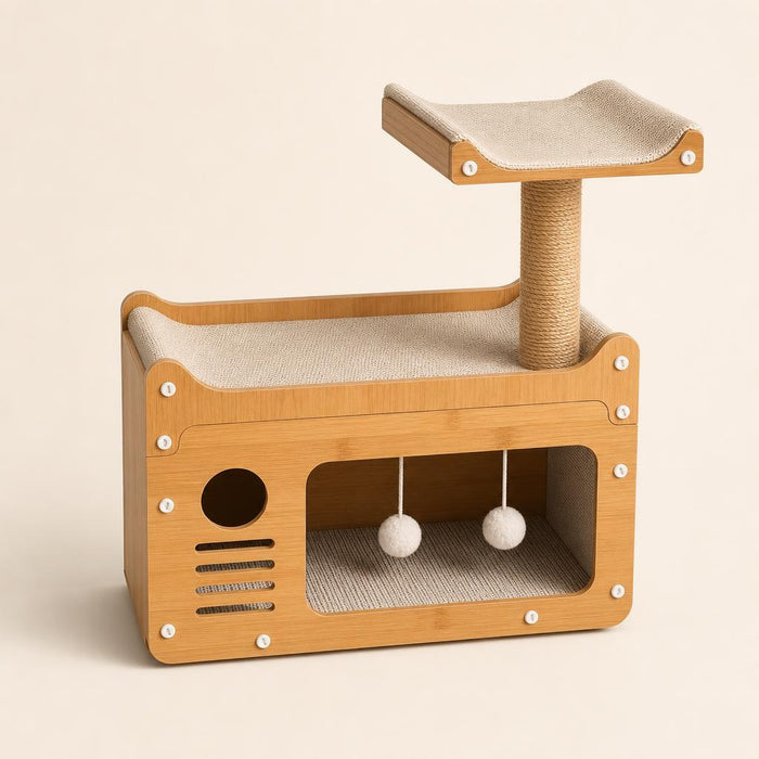 Casa rascador de madera multifuncional para gatos, vista de estudio